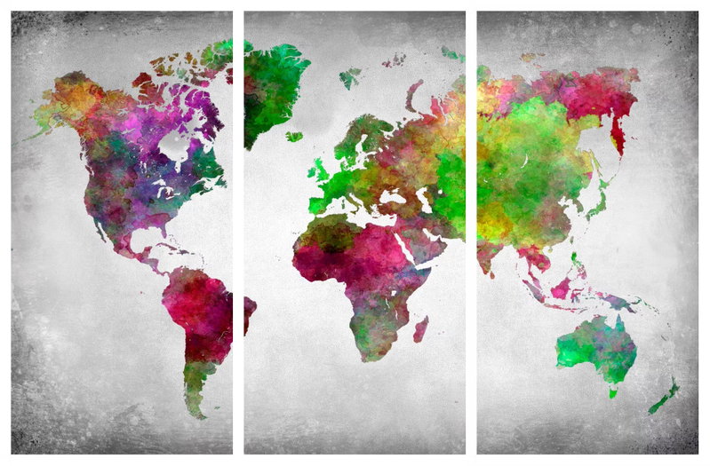 Diversity of world: Gröna, rosa och orange färgfält bygger upp kontinenter över tre ljusgrå bildytor.