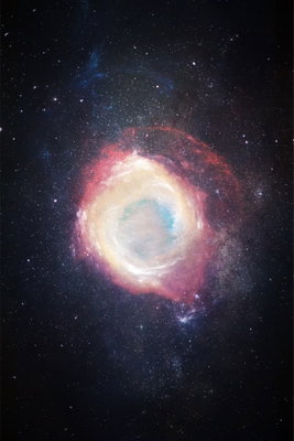 Galactic explosion vertical – motivvy. En ringformad galax glöder i vitt, gult och rosa bland små stjärnor på en djupblåsvart himmel.
