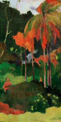 Paul gauguin mahana maa i – motivvy. Höga palmer med orange blad möter gröna landskapsfält och en liten figur.
