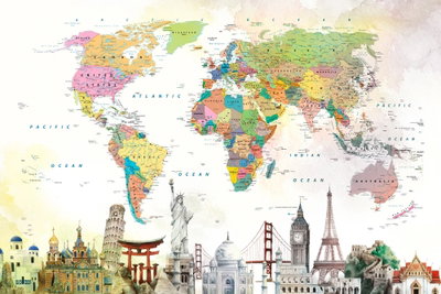 Wonders of the world wide – motivvy. En färgrik världskarta möter små illustrerade landmärken längs bildens nedre del.