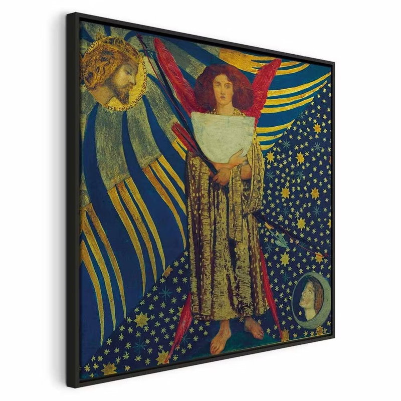 Dante gabriel rossetti – svart ram. En stående kvinnogestalt med utsträckta armar omges av blå, guldfärgade och röda mönster och små stjärnor.