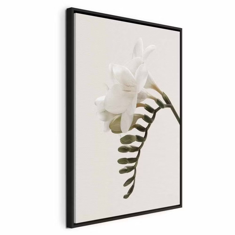Spring headdress vertical – svart ram. En vit blomma på en tunn stjälk möter en rad gröna blad mot en ljust crèmefärgad bakgrund.