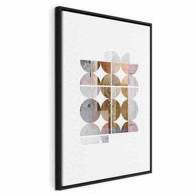 Harmonious shape vertical – svart ram. Små halvcirklar och fyrkantiga fält i grått, rosa och guldfärgade toner samlas på en stor vit yta.