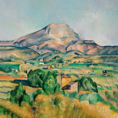 Kvadratisk motivförlaga för Paul cézanne - mont sainte: Ett berg reser sig över gröna odlingsfält och ljusa hus.