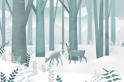 Fairy tale forest vertical – motivvy. Två illustrerade hjortdjur står bland raka blågröna stammar och vita bladformer i ett ljust vinterlandskap.