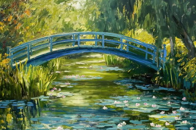 Impressionist bridge – motivvy. En blågrön bro sträcker sig över vatten med näckrosor, omgiven av frodig grönska och gula penseldrag.
