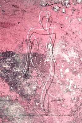 Figure on pink background – motivvy. En tunn vit figurkontur framträder över en rosa och mörklila, skiktad yta med små ljusa blommor.