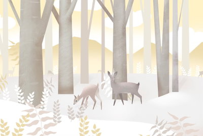 Fairy tale forest vertical – motivvy. Två stiliserade hjortdjur står bland höga, grå stammar och ljusa kullar i en snötäckt, gulvit skog.