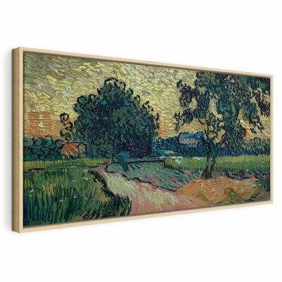 Vincent van gogh landscape – naturfärgad ram. Stora lövträd, en ljus stig och gröna och bruna fält bygger upp ett målat landskap.