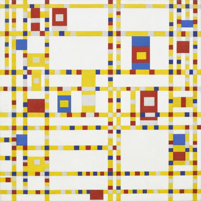 Piet mondrian broadway – motivvy. Små gula, röda och blå rutor bildar ett tätt rutnät kring större vita fält.