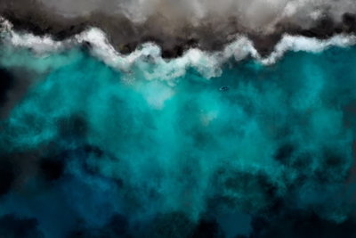 Blue lagoon wide – motivvy. Ett brett turkost färgfält möter en vit, skummande kant och en mörkgrå övre del.