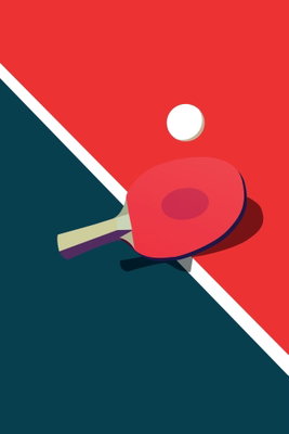 Table tennis racket and ball – motivvy. Ett rött bordtennisracket och en vit boll möter sneda färgfält i rött och mörkt blågrönt.