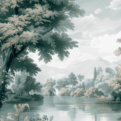Kvadratisk motivforlæg for Landscape with a park and lake: Et stort træ indrammer en sø med spejlinger, grønne omgivelser og fjerne bjerge.
