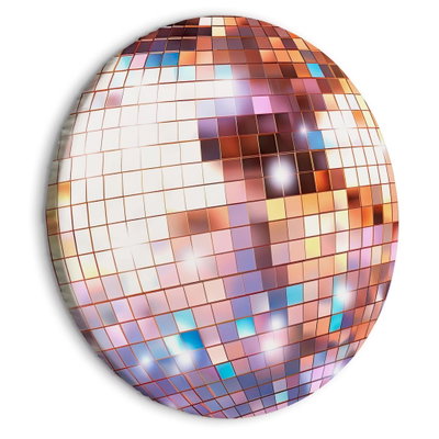 Rund motivvisning af Rose gold disco ball: En diskokugle med kobberrosa og lyse guldfarvede felter spejler blå og hvide toner.