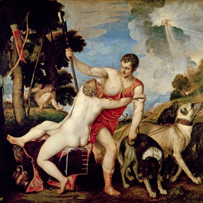 Titian venus and adonis – motivvy. Målade gestalter, hundar och röda och vita tygpartier samlas i ett grönbrunt landskap.
