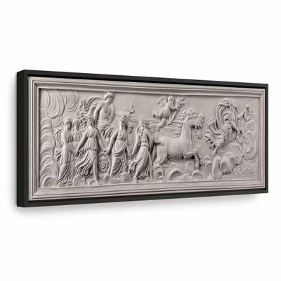 Relief apollo and muses – svart ram. En klassisk scen med gestalter och dekorationer återges som ett ljust stenreliefmotiv i gråbeige toner. Djupet är en del av bilden.