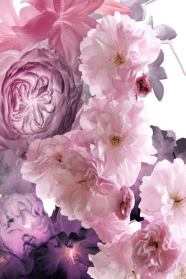 Garden of floral scents – motivvy. Stora rosa blommor med lager av kronblad och små mörklila detaljer fyller den stående bildytan.