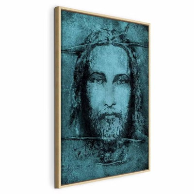 Shroud of turin in turqoise – naturfärgad ram. Ett skäggigt ansikte återges i mörka linjer mot en turkos, strukturerad bakgrund.