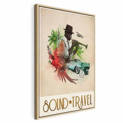 Sound travel vertical – naturfärgad ram. En trumpetspelare med hatt omges av en röd fågel, gröna växter, en bil och tryckt typografi i ett illustrerat collage.
