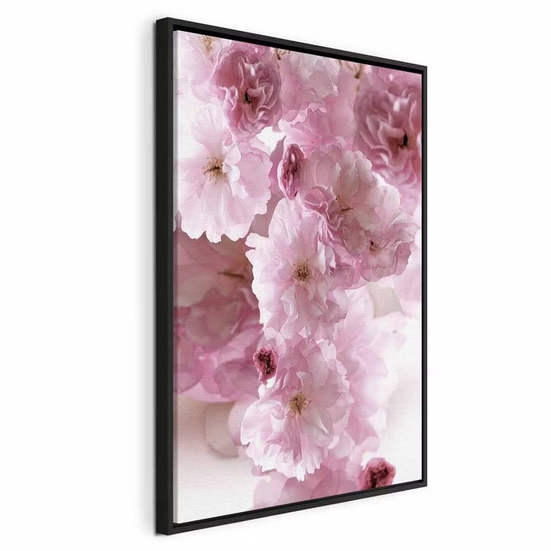 Flowery glamour flower – svart ram. Täta, ljusrosa blommor med mjuka kronblad återges i närbild mot ljus bakgrund.