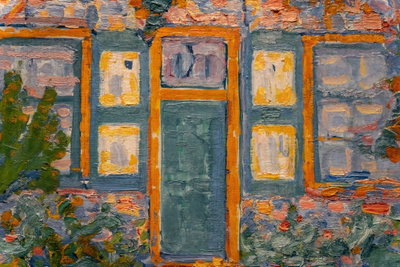 Piet mondrian house in – motivvy. En dörr och fönsterpartier återges med kraftiga orange, gröna och gula penseldrag.