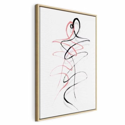 Tangled passion vertical – naturfärgad ram. Fria svarta och rosa linjer antyder en figur mot vitt. Den lösa teckningen lämnar stora ljusa mellanrum.