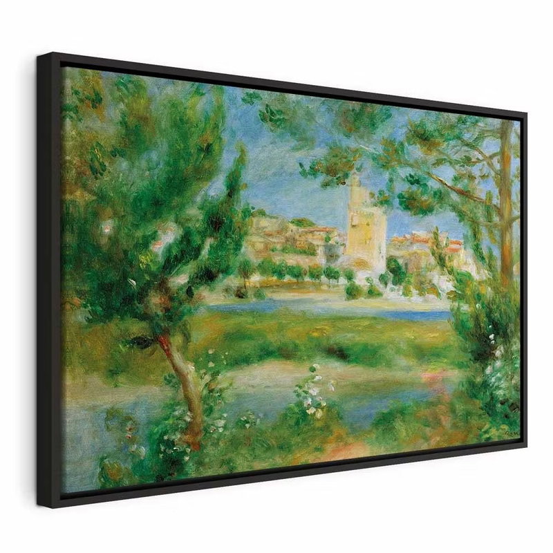 Pierre auguste renoir – svart ram. Gröna träd ramar in öppna gräsytor och ljusa byggnader vid en låg horisont.
