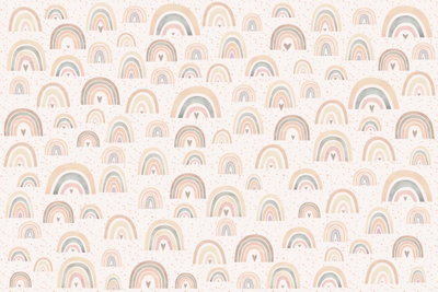 Spring pastel rainbows with – motivvy. Små regnbågar i milda pastellfärger upprepas över en ljus, varmvit botten.