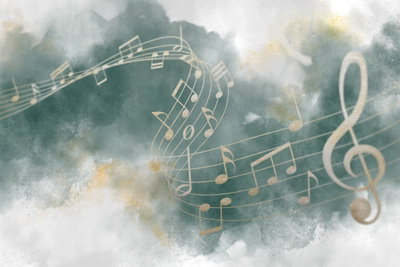 Melody of the psalm wide – motivvy. Ljusa notlinjer och en stor klav möter grågröna och vita skiftningar med små guldfärgade detaljer.