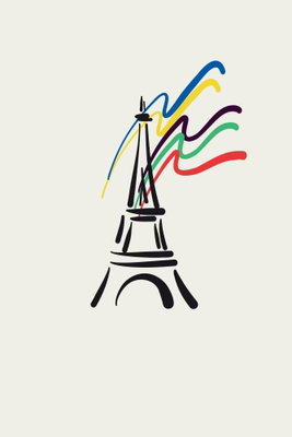 Eiffel tower and colorful – motivvy. Ett svart, stiliserat Eiffeltorn möter slingrande linjer i blått, gult, rött och grönt på ljus botten.