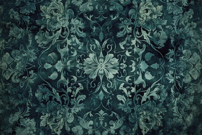 Oriental pattern carpet – motivvy. Ett tätt blom- och bladornament i dämpat blågrönt ligger över en mycket mörk botten.