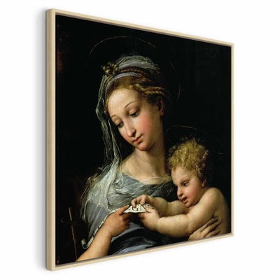 Rafael santi the virgin of – naturfärgad ram. En kvinna och ett litet barn återges i en klassisk målning med mjukt ljus och en mörk bakgrund.