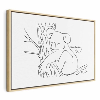 Quiet charm of nature – naturfärgad ram. En sovande koala vilar i ett träd, tecknad med tunna svarta linjer mot vitt.