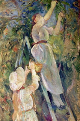 Berthe morisot the cherry – motivvy. Ett barn och en kvinna sträcker sig upp mot grenar i ett mjukt målat, grönt trädgårdslandskap.