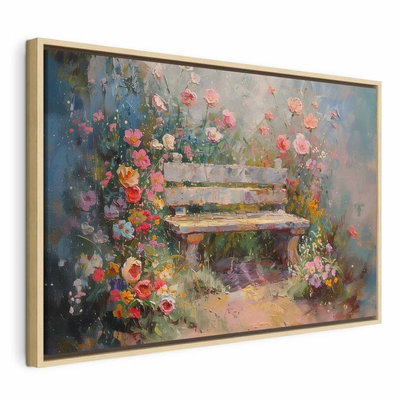 Flowery bench impressionist – naturfärgad ram. En ljus bänk står bland rosa, röda och gula blommor i en mjukt målad trädgård.