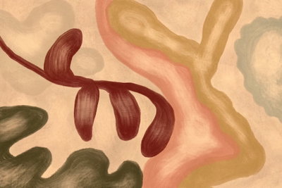 Colorful shapes worn out – motivvy. Breda beige, rosa och olivgröna former möter en rödbrun gren med rundade blad.