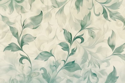 Watercolor botanical motif – motivvy. Mjukt målade gröna blad sprider sig över en ljus, nästan vit bakgrund.