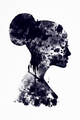 Abstract profile vertical – motivvy. En mörk kvinnoprofil med uppsatt hår formas av blåsvarta akvarellskikt och ljusa luckor mot vitt.