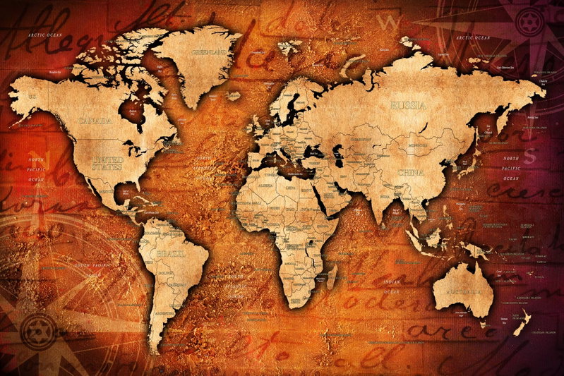 Amber world: Ljusgula kontinenter möter en rödorange och brun bakgrund med dekorativa karttexter.