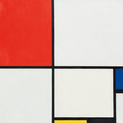 Piet mondrian composition – motivvy. Ett stort rött fält ligger ovanför vita ytor, med svarta skiljelinjer och små blå och gula partier.