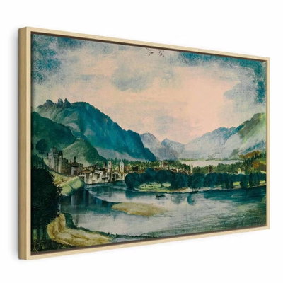 Albrecht dürer view of – naturfärgad ram. En låg bro korsar en lugn flod framför byggnader och blågröna berg under en ljus himmel.