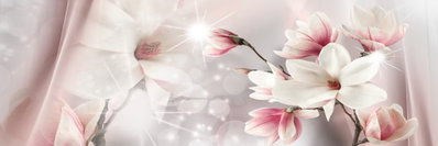 Magnolia reflection narrow – motivvy. Vita och rosa magnoliablommor möter mjuka tygformer och ljusa glittrande detaljer på en blek bakgrund.