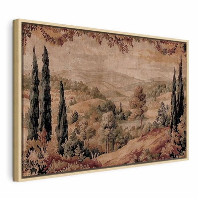 Mediterranean landscape old – naturfärgad ram. Smala träd och mjuka kullar breder ut sig i ett landskap i varmt bruna och grönaktiga toner.