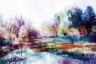 World in paints wide – motivvy. Träd och vatten återges med färgfält i blått, violett, grönt och rosa i en bred landskapsbild.