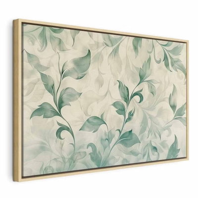 Watercolor botanical motif – naturfärgad ram. Mjukt målade gröna blad sprider sig över en ljus, nästan vit bakgrund.