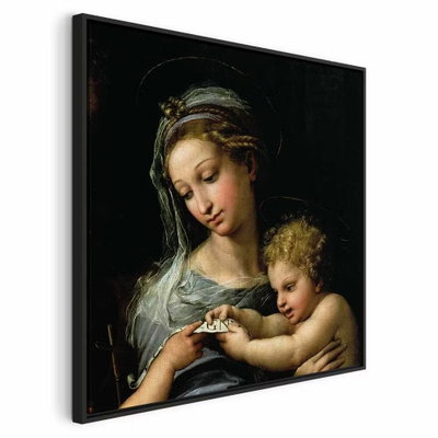 Rafael santi the virgin of – svart ram. En kvinna och ett litet barn återges i en klassisk målning med mjukt ljus och en mörk bakgrund.