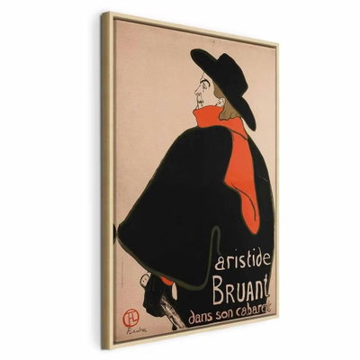 Aristide bruant dans son – naturfärgad ram. En man i stor svart hatt, svart rock och röd halsduk står mot en varm, ljust orange bakgrund med tryckt text.
