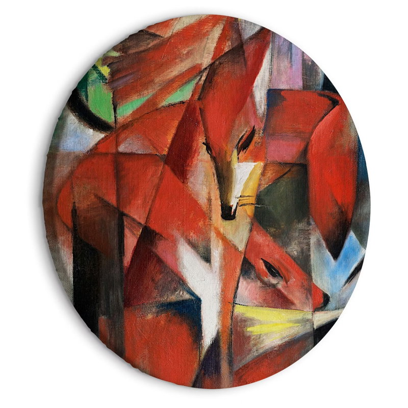 Rund motivvy för Franz marc - The foxes: Röda och orange rävar byggs upp av kantiga färgfält tillsammans med gröna, grå och vita former.