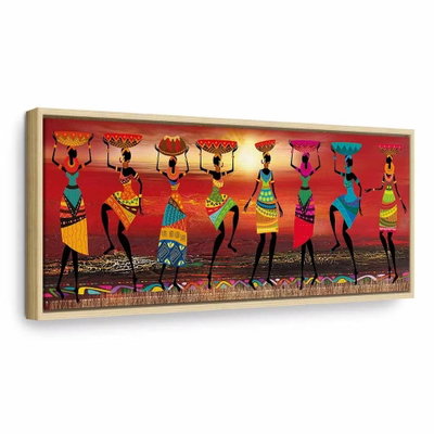 African women dancing – naturfärgad ram. En rad stiliserade kvinnor i färgstarka kläder bär korgar och sträcker armarna uppåt mot en orange bakgrund.