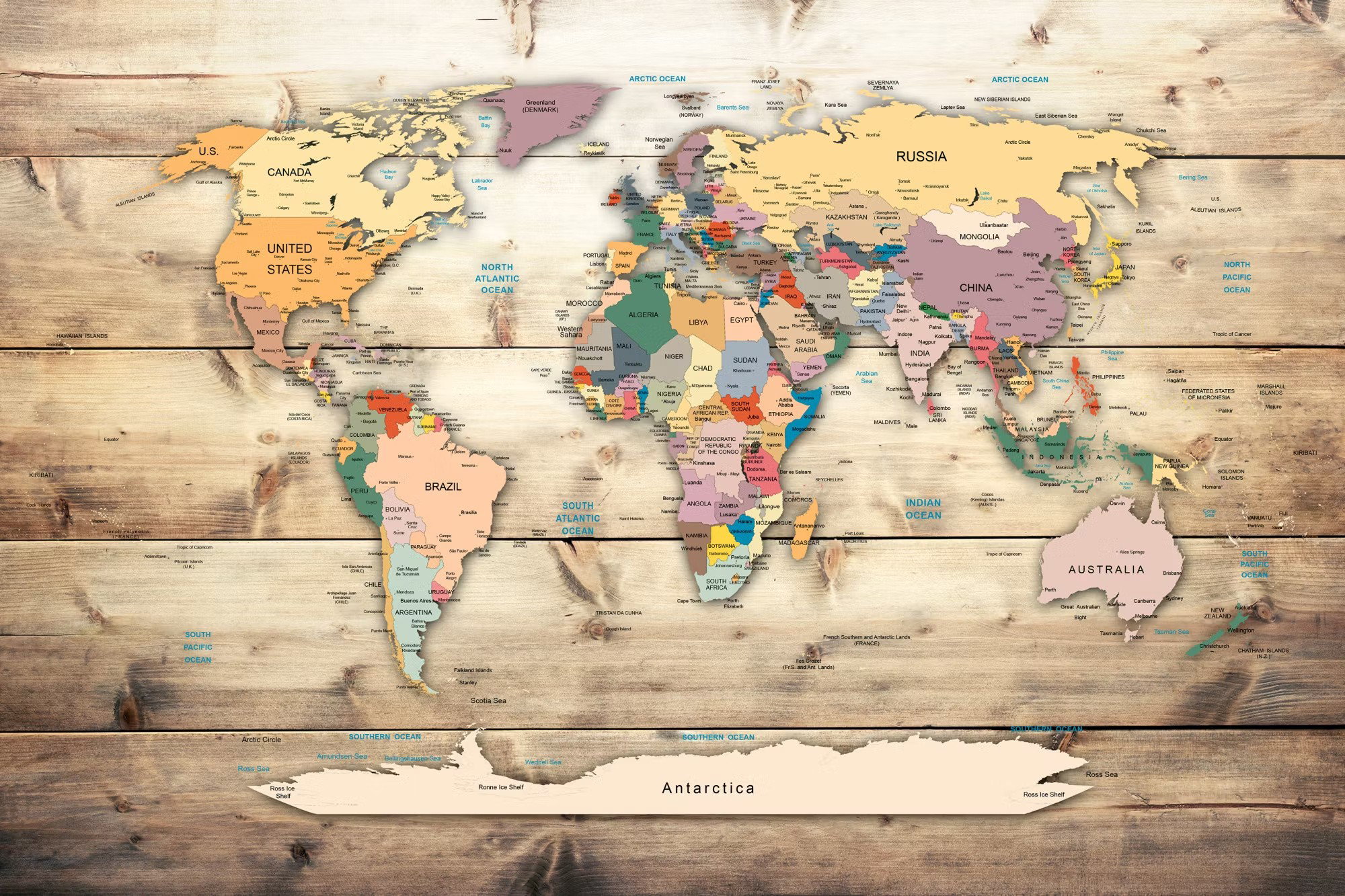 Ljuddämpande anslagstavla - World map wooden oceans (90x60cm)